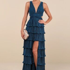 BEAUTY ICON BLACK SATIN PLEATED TIERED LACE-UP MAXI DRESS LULUS